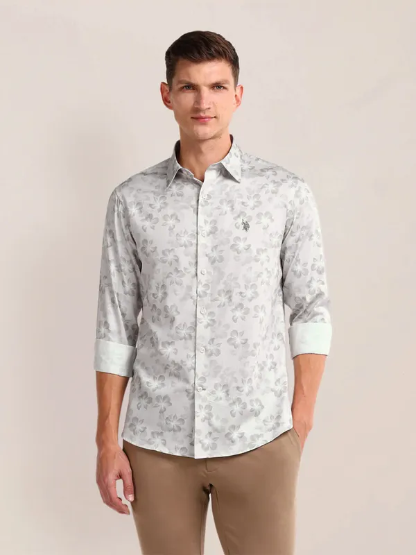 U S POLO ASSN printed grey cotton slim fit shirt