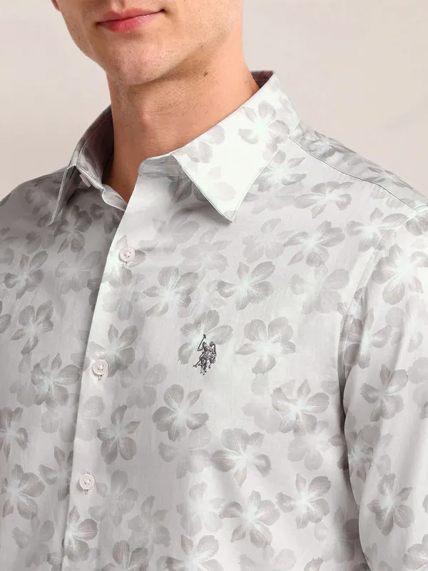 U S POLO ASSN printed grey cotton slim fit shirt