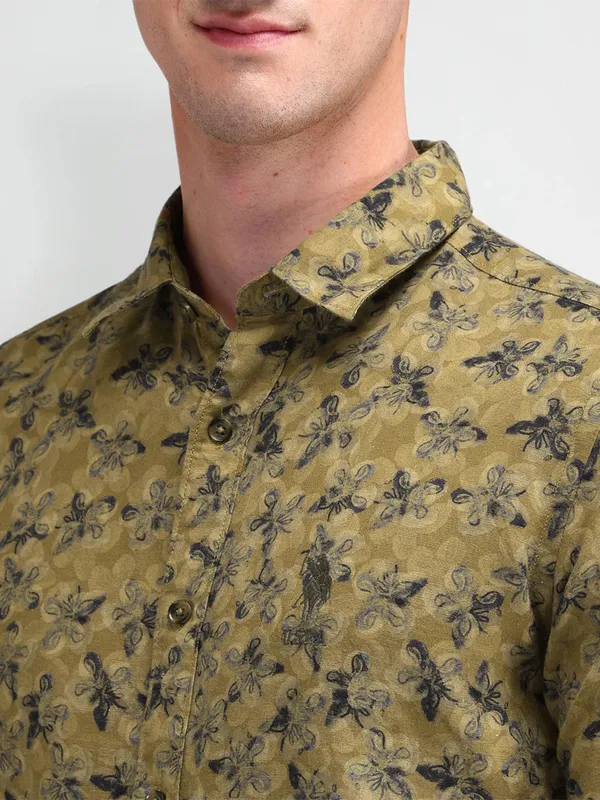 U S POLO ASSN printed olive cotton shirt