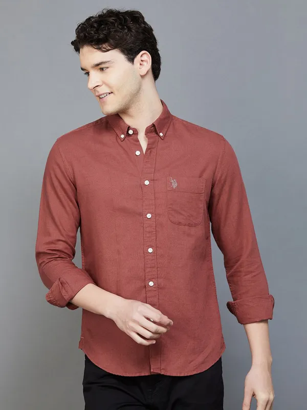 U S POLO ASSN rust orange linen cotton shirt