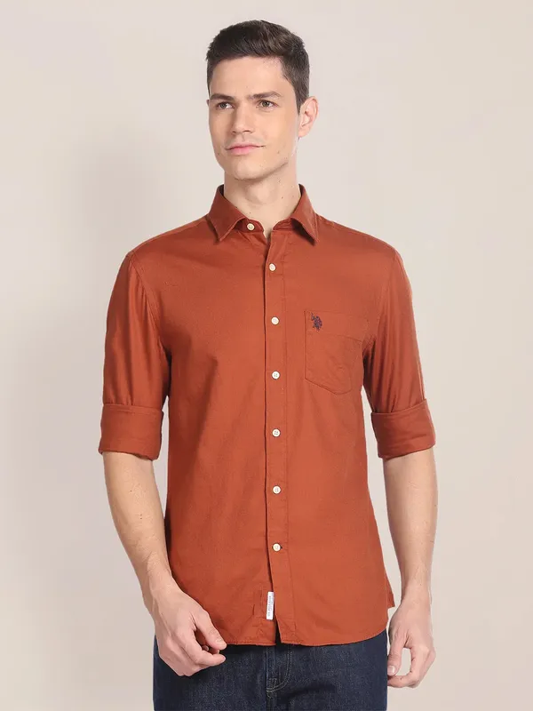 U S POLO ASSN rust orange plain cotton shirt