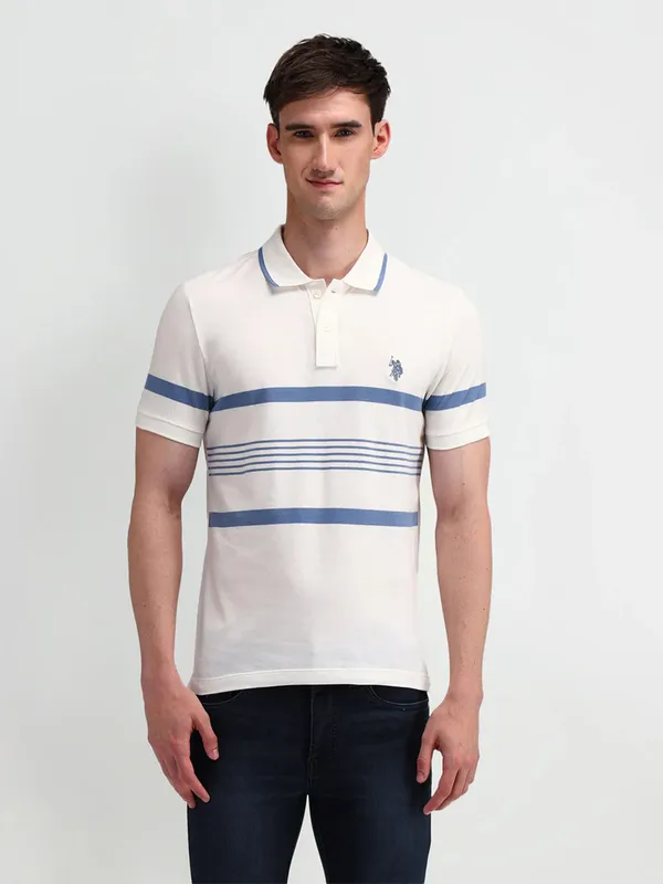 U S POLO ASSN stripe cream cotton slim fit t-shirt