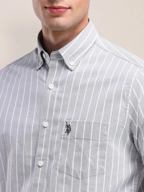 U S POLO ASSN stripe pattern light blue cotton shirt