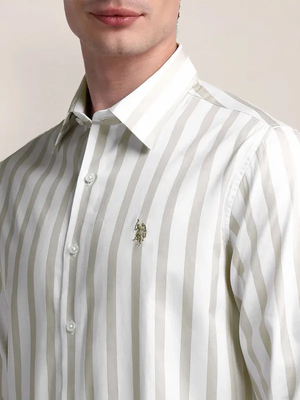 U S POLO ASSN stripe pattern off-white cotton slim fit shirt