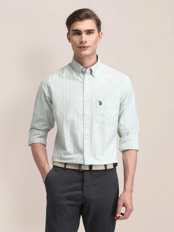 U S POLO ASSN stripe pattern sky blue cotton shirt