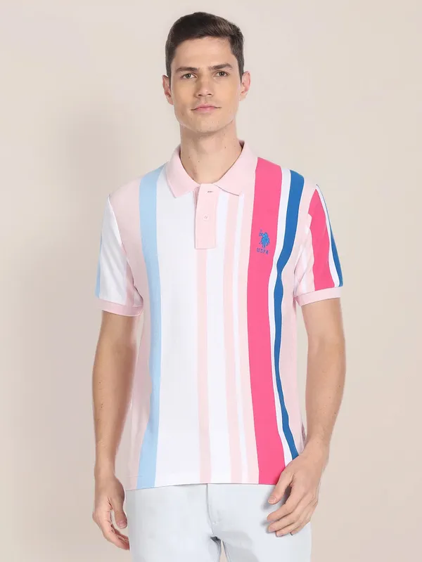 U S POLO ASSN stripe pink cotton t shirt