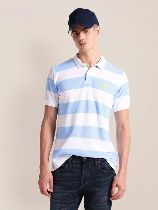 U S POLO ASSN stripe sky blue cotton t-shirt