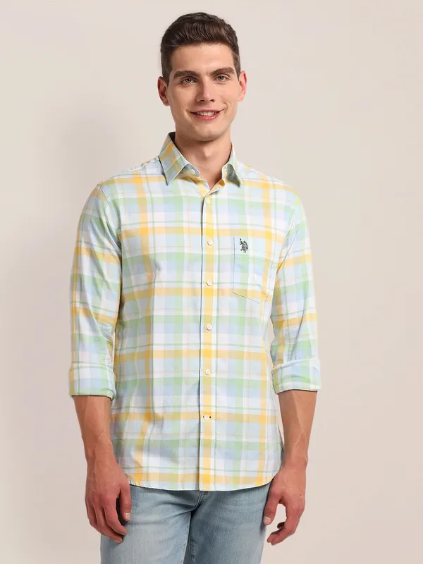 U S POLO ASSN white and green checks cotton shirt