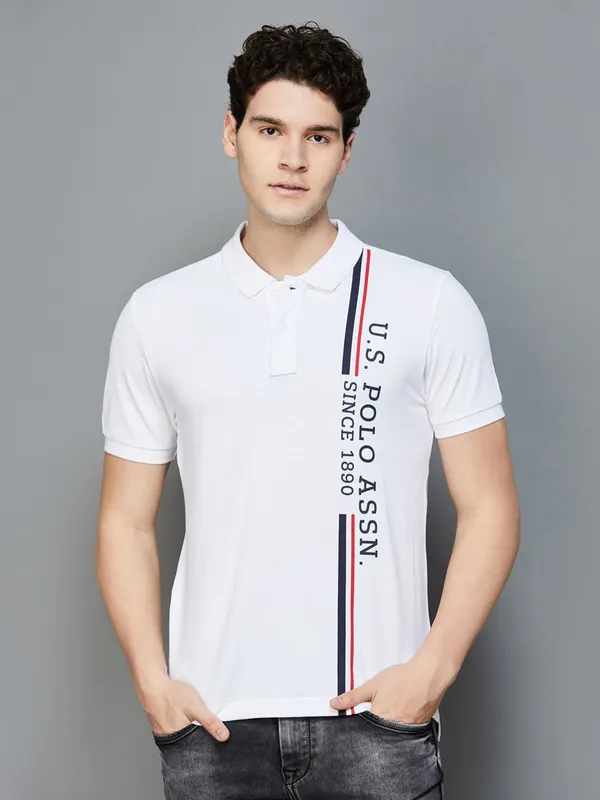 U S POLO ASSN white polo neck t shirt in printed