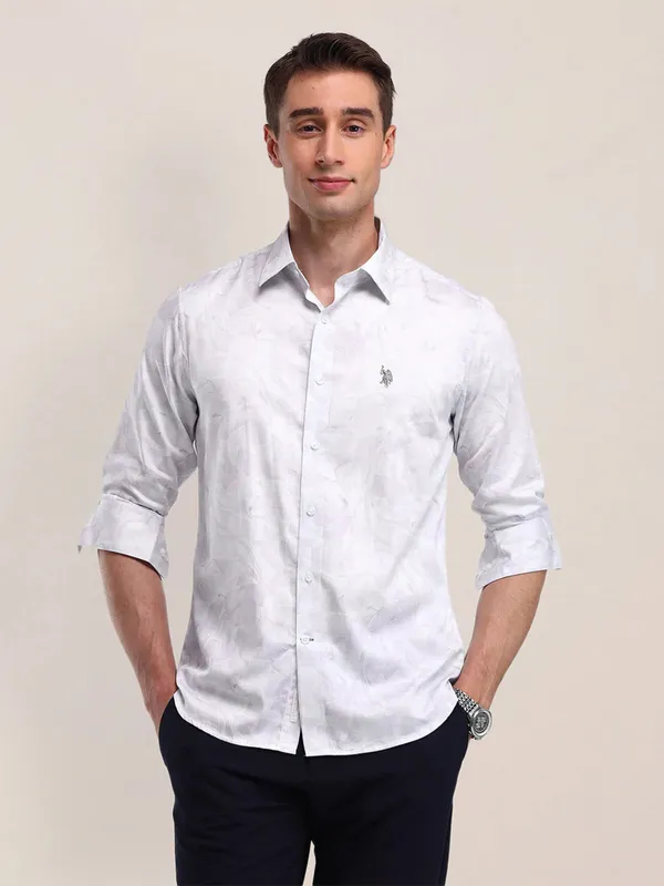 U S POLO ASSN white printed slim fit shirt in cotton