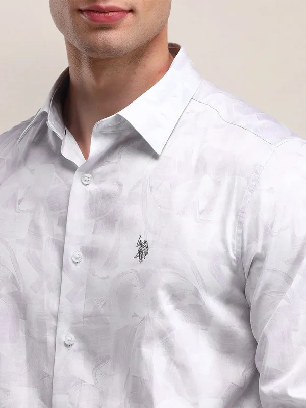 U S POLO ASSN white printed slim fit shirt in cotton