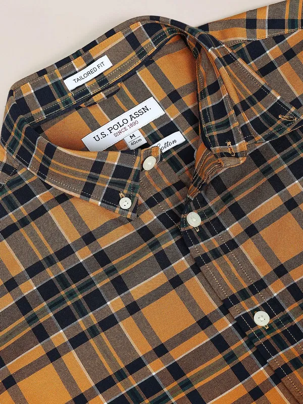 U S POLO ASSN yellow and navy checks shirt