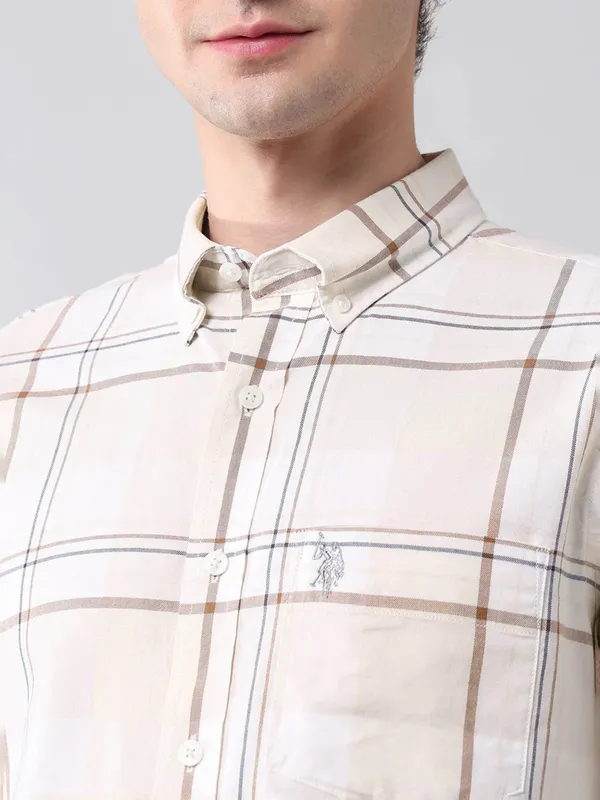 U S POLO ecru beige flannel casual wear slim fit shirt
