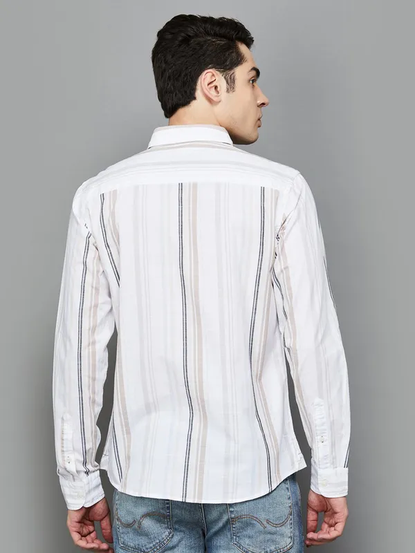 U S POLO ivory cream striped casual wear shirt for men