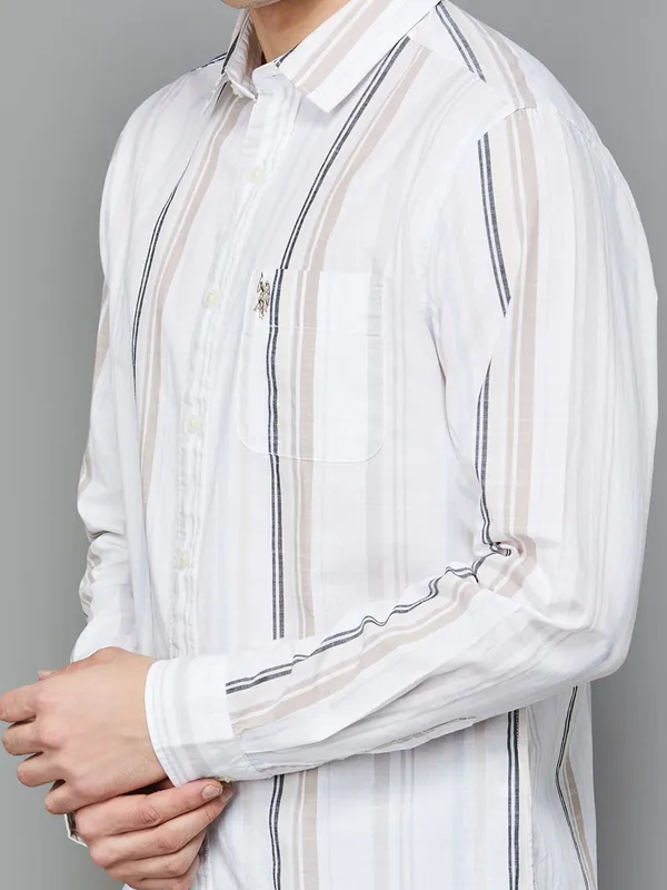 U S POLO ivory cream striped casual wear shirt for men