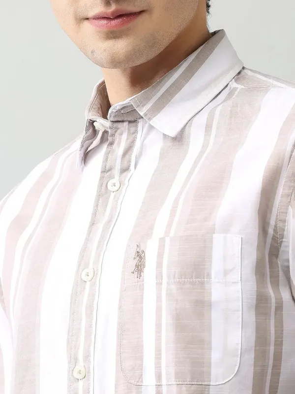 U S POLO khaki striped casual wear shirt for men