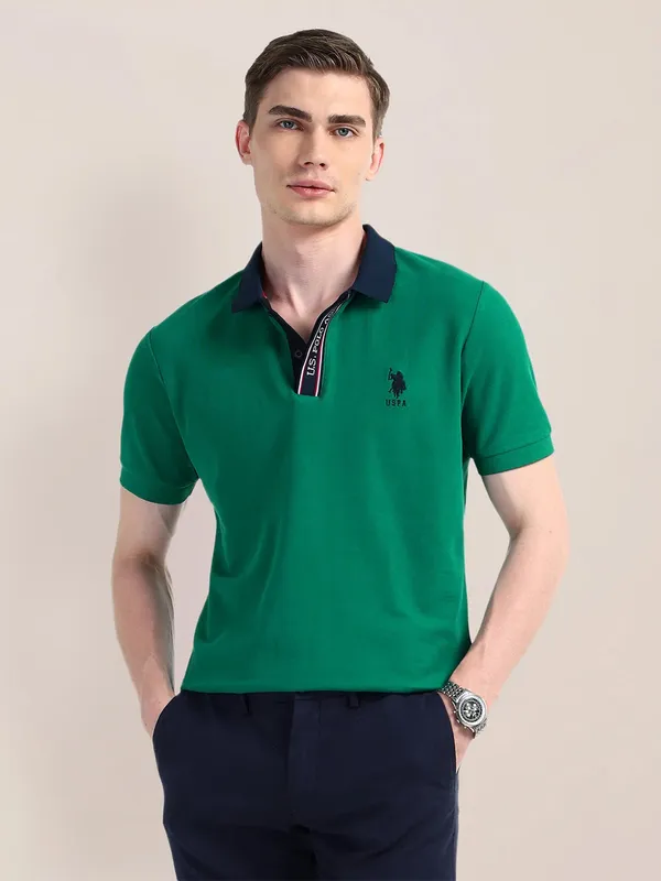 U S POLO plain green cotton slim t-shirt