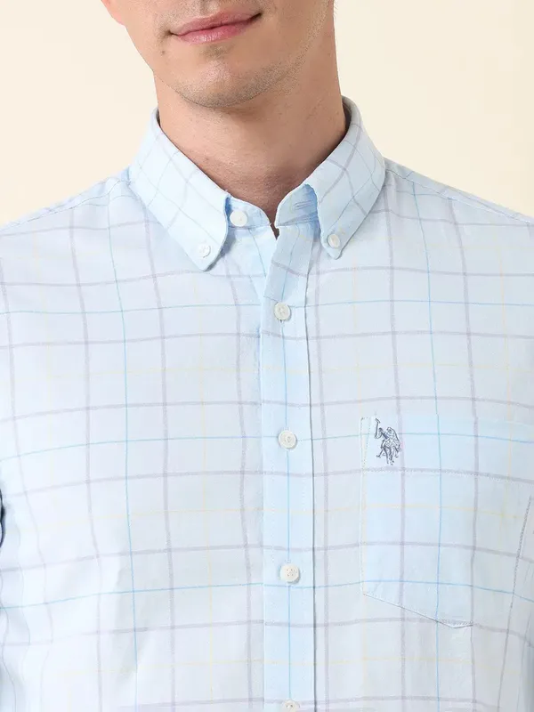 U S POLO sky blue checkered slim fit mens shirt