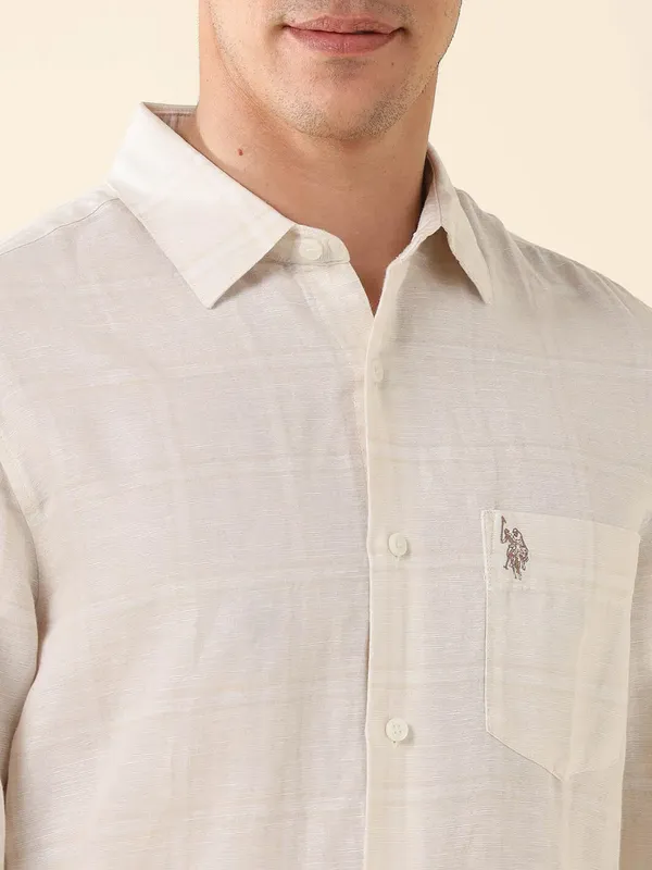 U S POLO solid cream casual wear cotton shirt