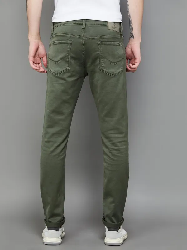 U S POLO solid olive green slim tapered fit denim