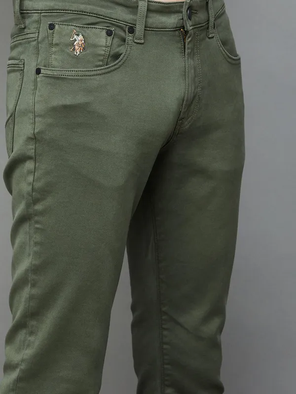 U S POLO solid olive green slim tapered fit denim