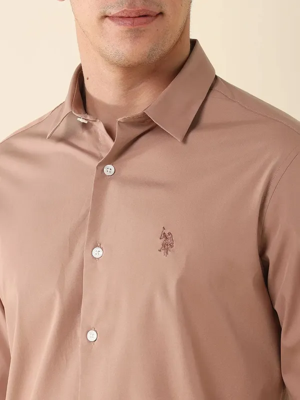 U S POLO solid peach classic casual wear shirt