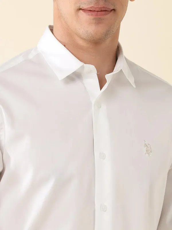 U S POLO solid white cotton casual wear shirt