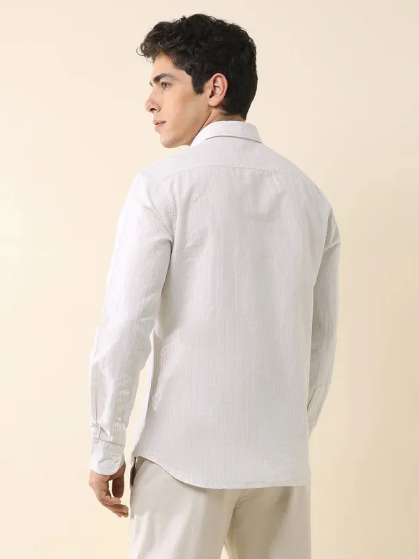 U S POLO striped beige cotton casual wear slim fit shirt