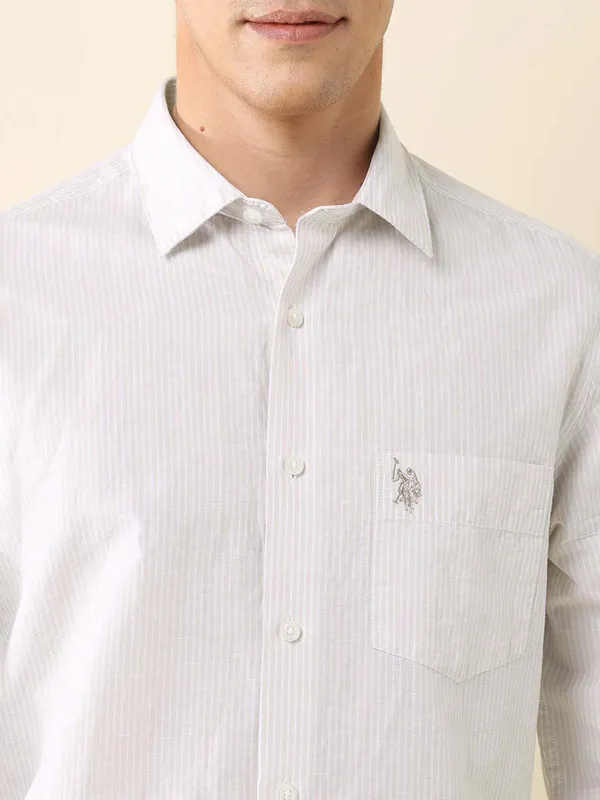 U S POLO striped beige cotton casual wear slim fit shirt