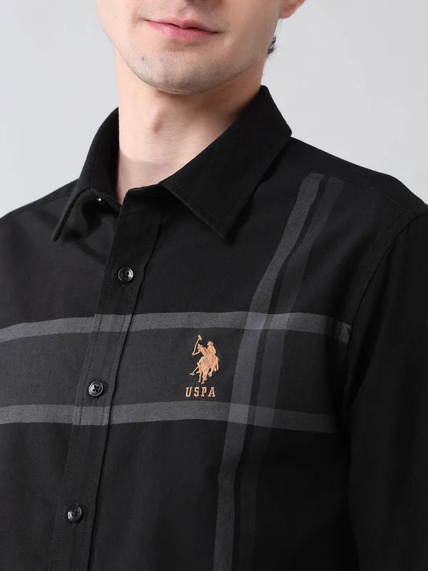 U S POLO striped black slim fit cotton shirt