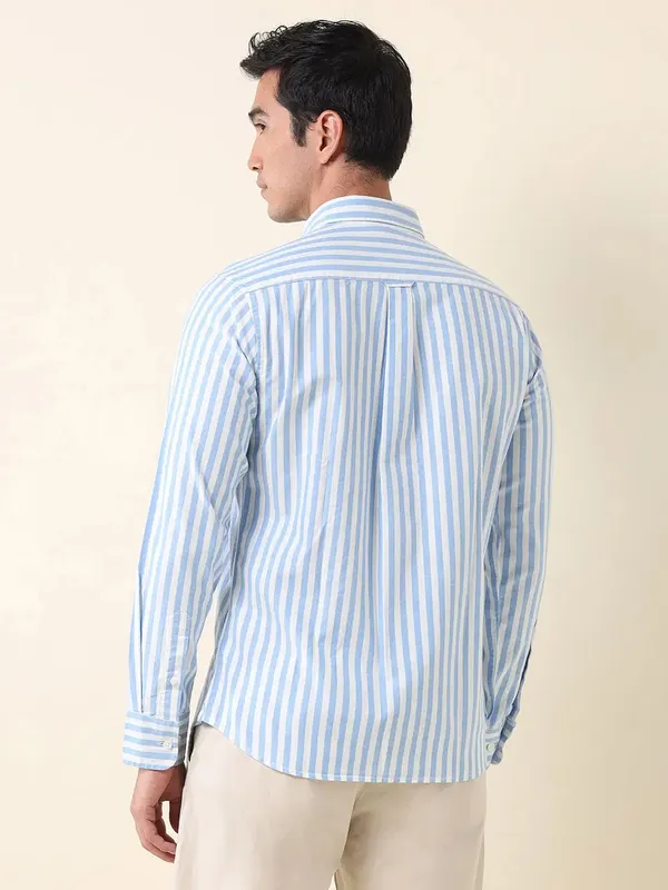 U S POLO striped sky blue casual wear slim fit shirt