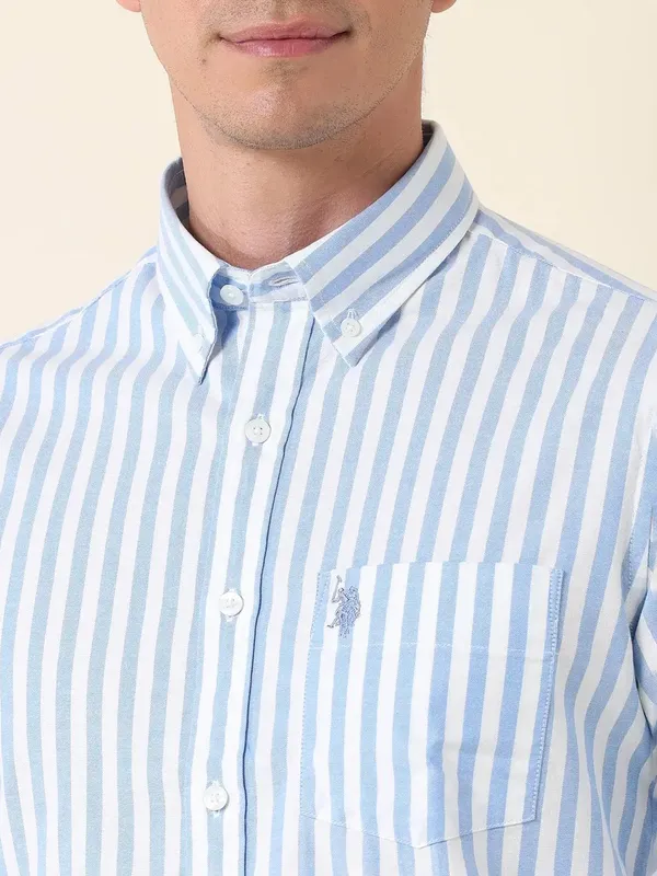 U S POLO striped sky blue casual wear slim fit shirt