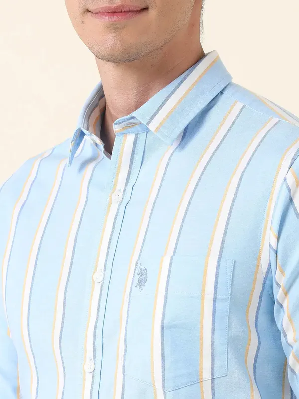 U S POLO striped sky blue cotton shirt for men
