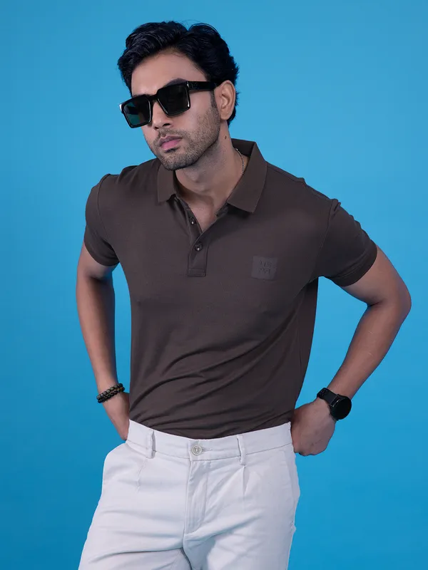 U S POLO textured brown cotton tshirt