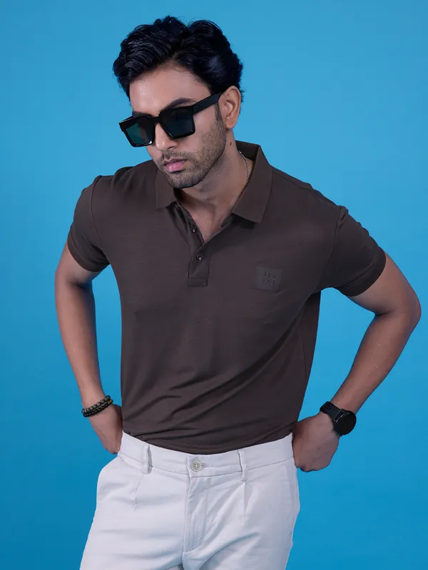 U S POLO textured brown cotton tshirt