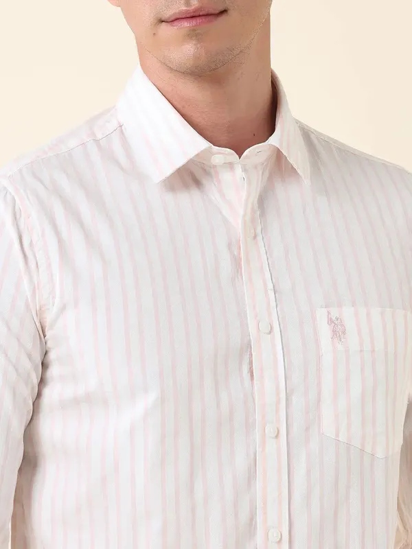 U S POLO white and peach striped mens casual shirt