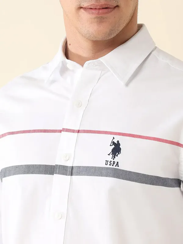 U S POLO white striped patterned slim fit casual shirt