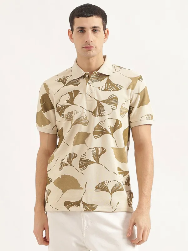 UCB beige printed cotton slim fit t-shirt