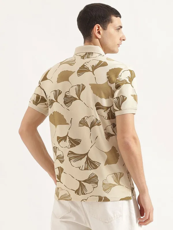 UCB beige printed cotton slim fit t-shirt