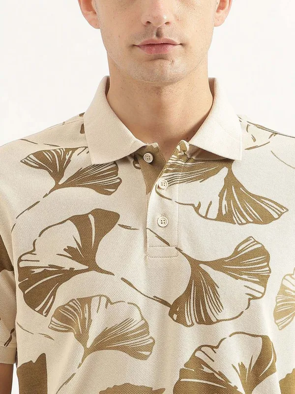 UCB beige printed cotton slim fit t-shirt