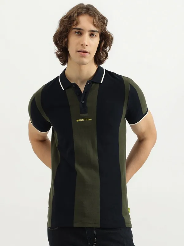 UCB black and olive cotton striped men t-shirt