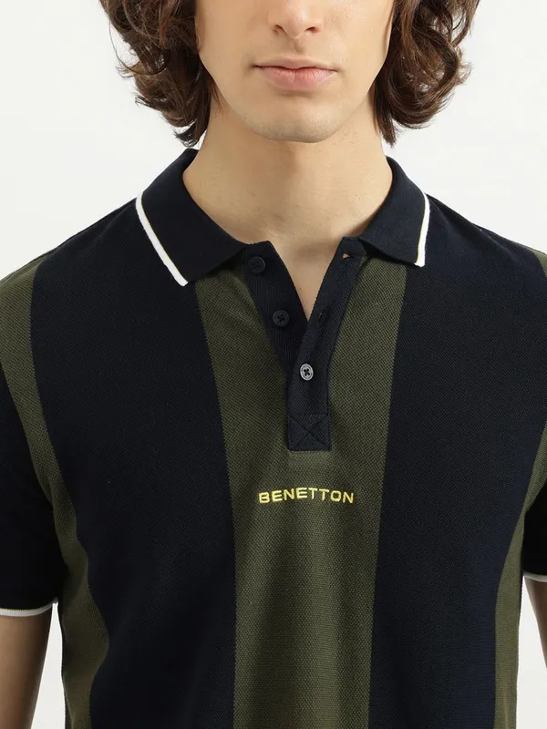 UCB black and olive cotton striped men t-shirt