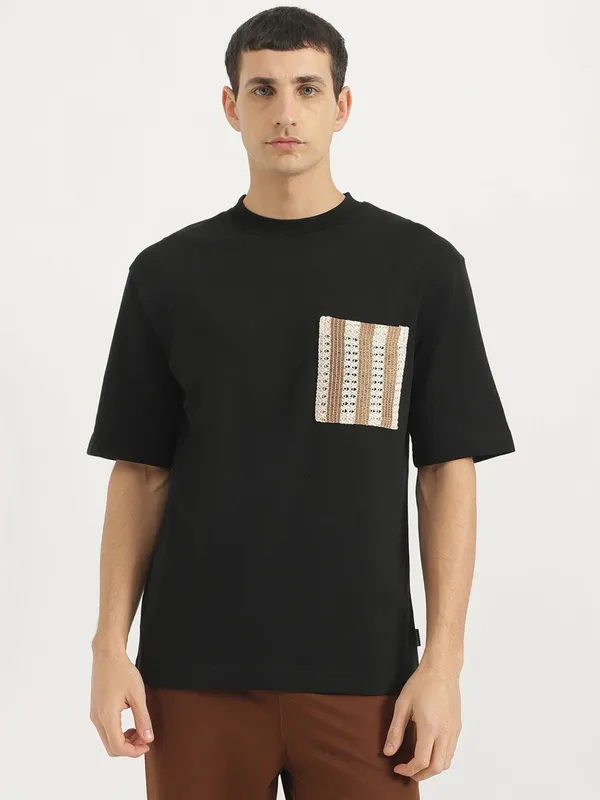 UCB black cotton slim fit t-shirt for men