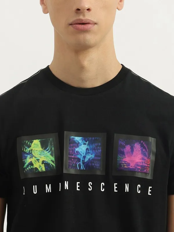 UCB black printed cotton slim fit men t-shirt