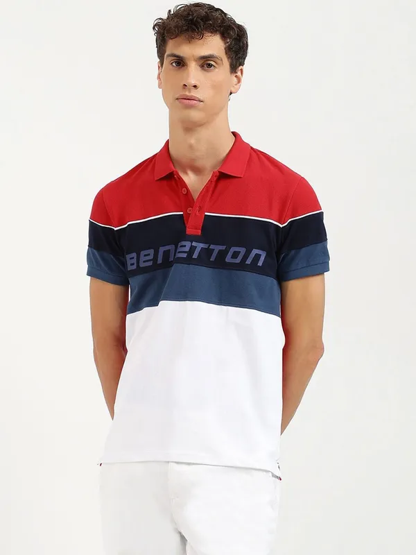 UCB white color block pattern cotton slim fit t-shirt