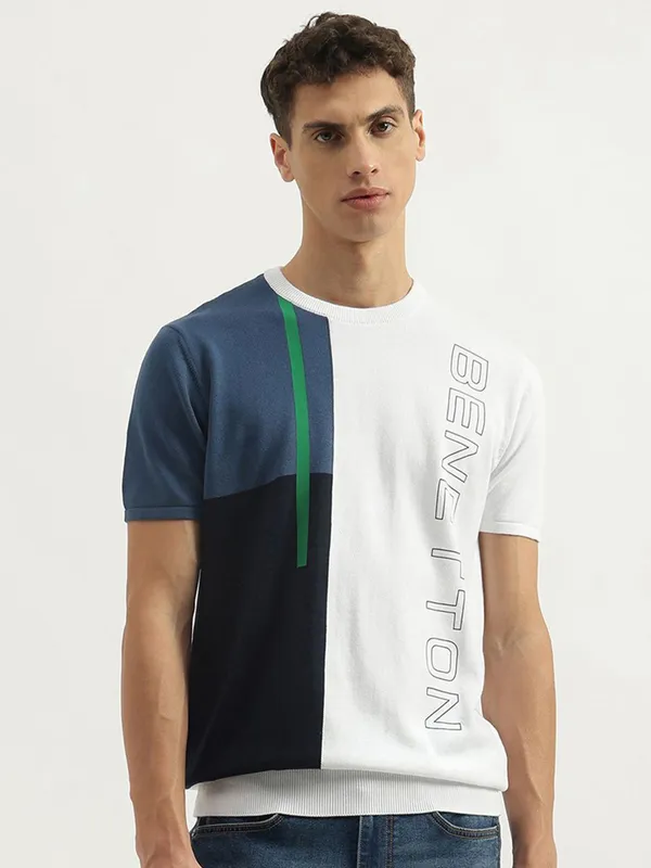 UCB color block pattern white cotton slim fit t-shirt