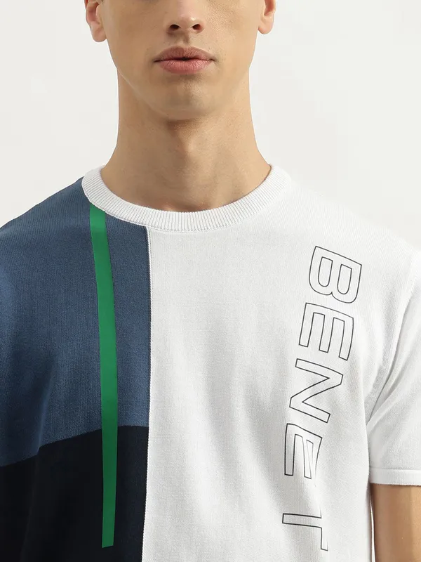 UCB color block pattern white cotton slim fit t-shirt