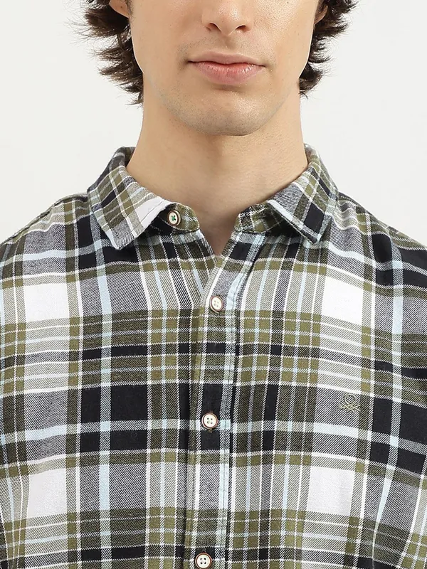 UCB cotton checked olive and white men shirt
