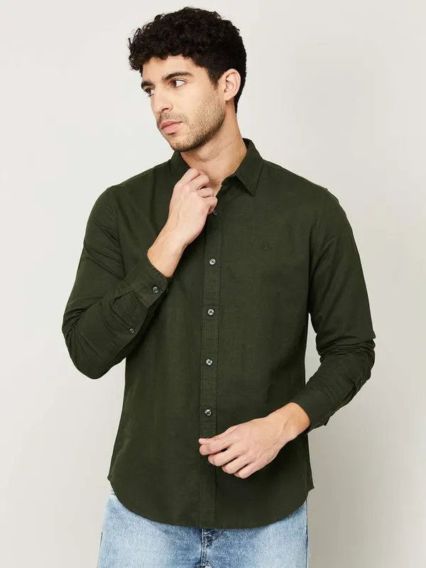 UCB cotton dark green plain shirt for casual
