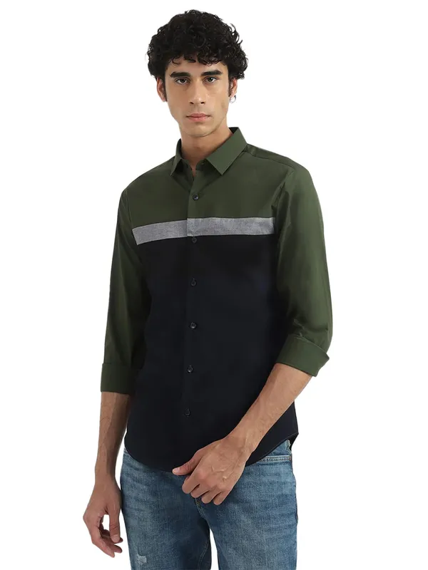 UCB cotton plain black and green casual shirt